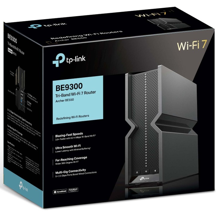 Router Wireless TP-Link Archer BE550, BE9300, Tri-Band, Wi-Fi 7, 4 porturi 2.5 Gbps, USB 3.0, EasyMesh, TP-Link HomeShield, VPN