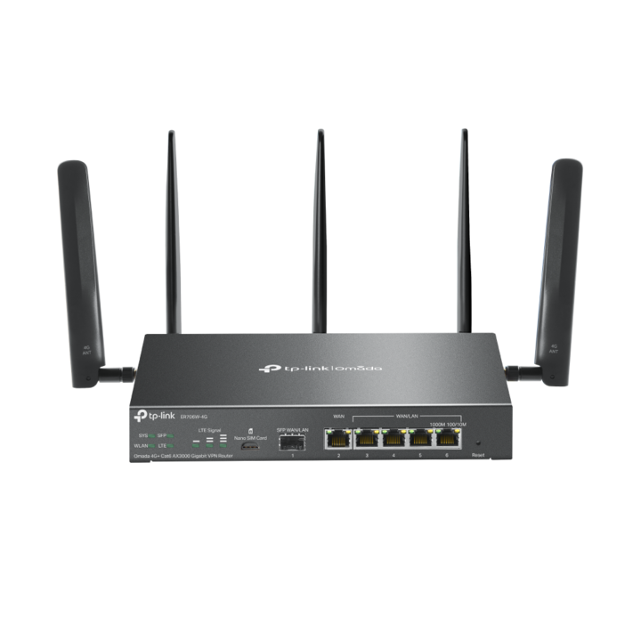 TP-LINK ER706W-4G Vezetékes Omada AX3000 VPN Router, 1xWAN(1000Mbps) + 4xLAN(1000Mbps) + 1xSFP + 1xSIM, Fekete