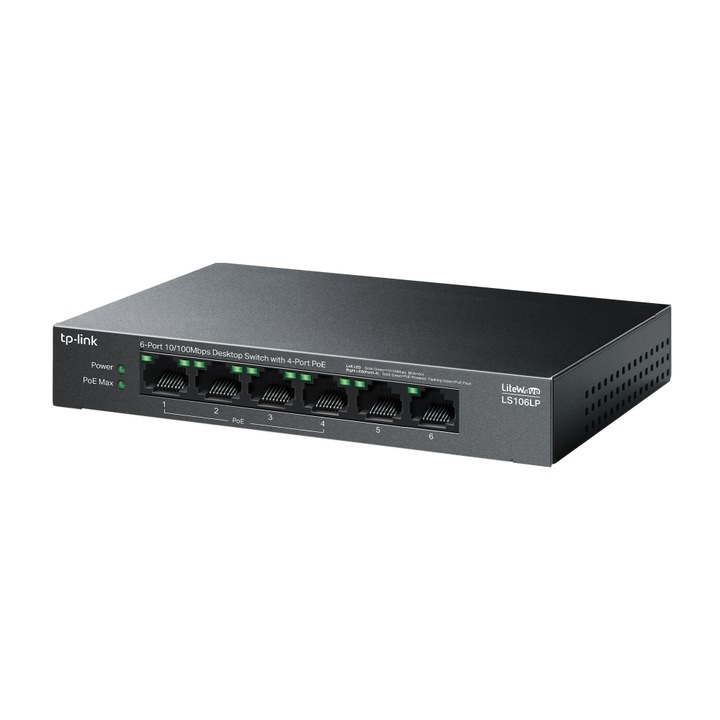Switch (comutator) neadministrat TP-Link LS106LP, 6 porturi 10/100, 4 porturi PoE (15,4 W/port), negru