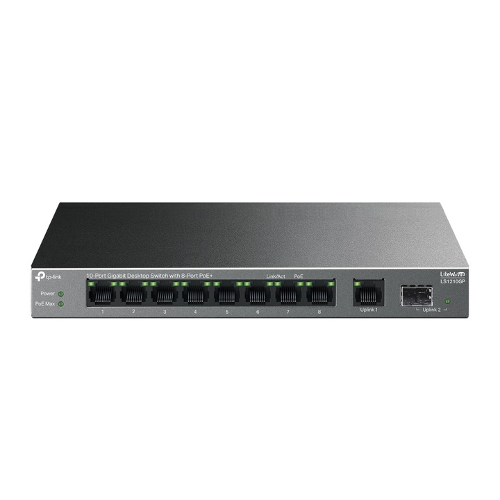 Суич TP-LINK LS1210GP, 10x1000Mbps (8xPOE+), Метален корпус, Desktop, Черен