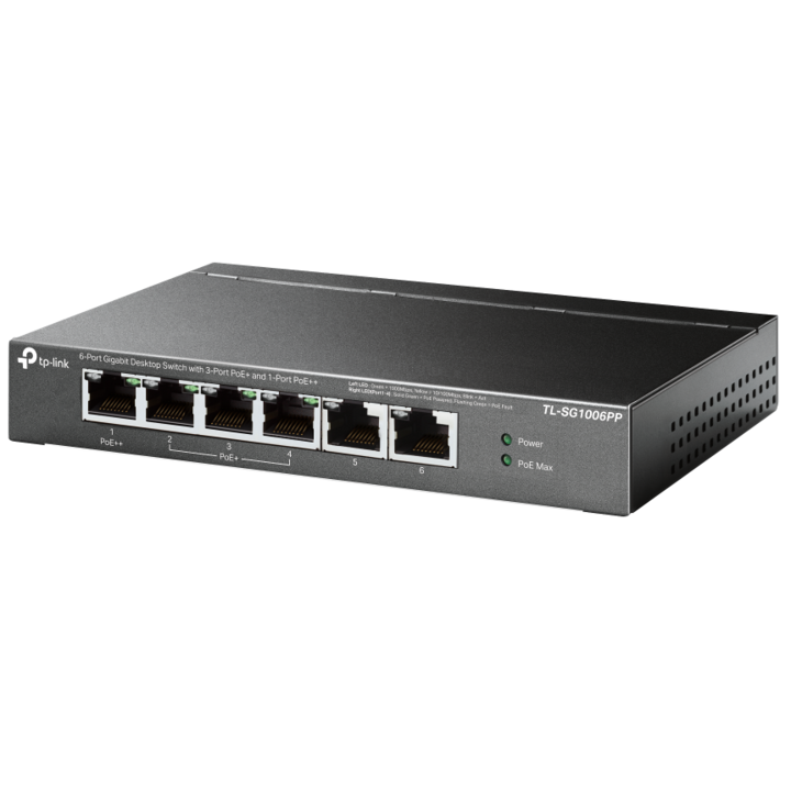 Суич TP-LINK TL-SG1006PP, 6x1000Mbps(3xPOE+ + 1xPOE++), Метален корпус, Desktop, Черен