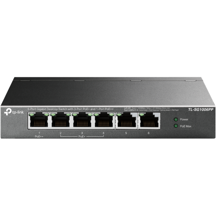 Суич TP-LINK TL-SG1006PP, 6x1000Mbps(3xPOE+ + 1xPOE++), Метален корпус, Desktop, Черен