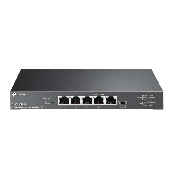 TP-LINK TL-SG105PP-M2 Switch, 5x2.5G(4xPOE++), Fémházas, Asztali, Fekete