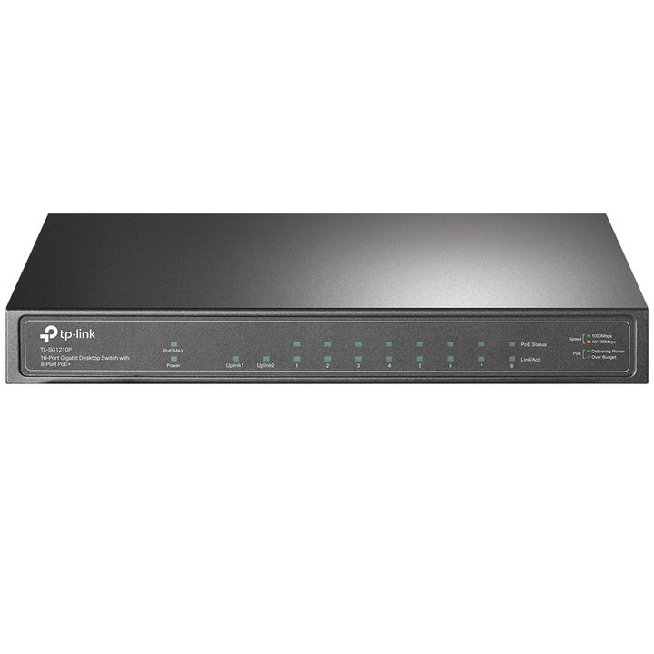 Суич TP-LINK TL-SG1210P, 9x1000Mbps (8xPOE+) + 1xGigabit SFP, Черен
