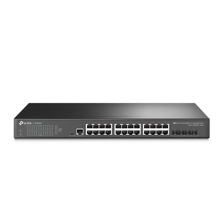 Switch TP-Link TL-SG3428X, Jetstream, menedzselt L2+, 24× 10/100/1000 Mbps RJ45, 4× 10G SFP, 1× RJ45