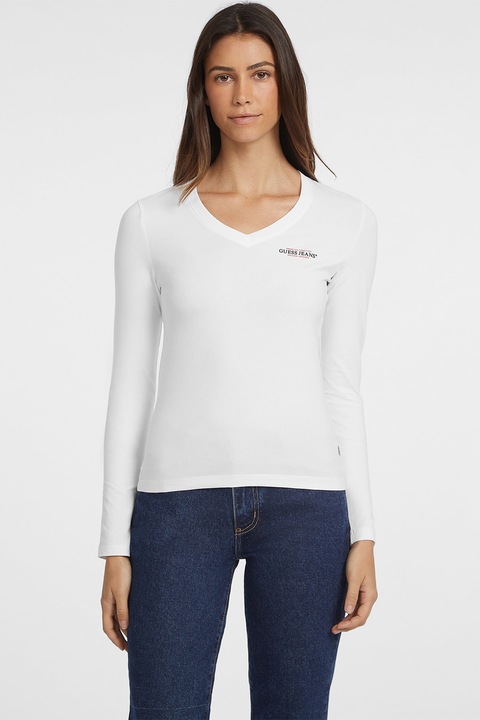 GUESS JEANS, Bluza cu decolteu in V si imprimeu logo, Alb
