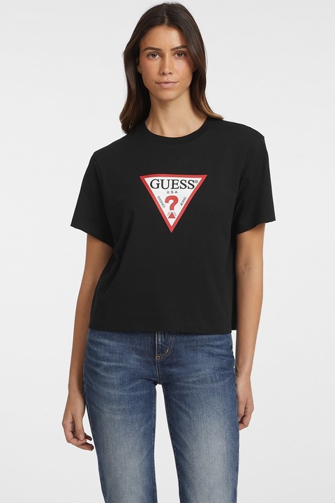 GUESS JEANS, Tricou lejer din bumbac organic cu imprimeu logo pe piept, Rosu/Negru