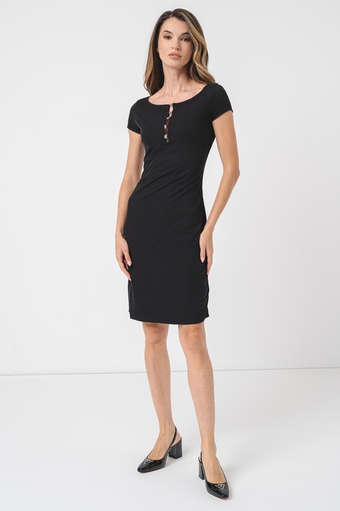 GUESS, Rochie cambrata din amestec de modal cu aplicatie logo metalica, Negru, XS