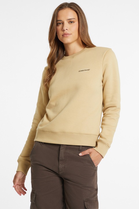 Guess Jeans, Bluza de trening cu decolteu la baza gatului si model uni, Bej, XS
