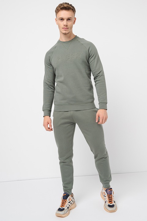 GUESS, Bluza de trening cu decolteu la baza gatului, Verde sparanghel