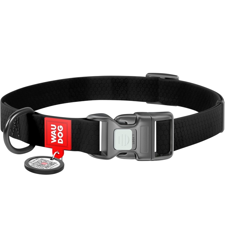 Zgarda pentru caini, WAUDOG, impermeabila, cu pasaport QR, negru, M, 28-40 cm, 20 mm