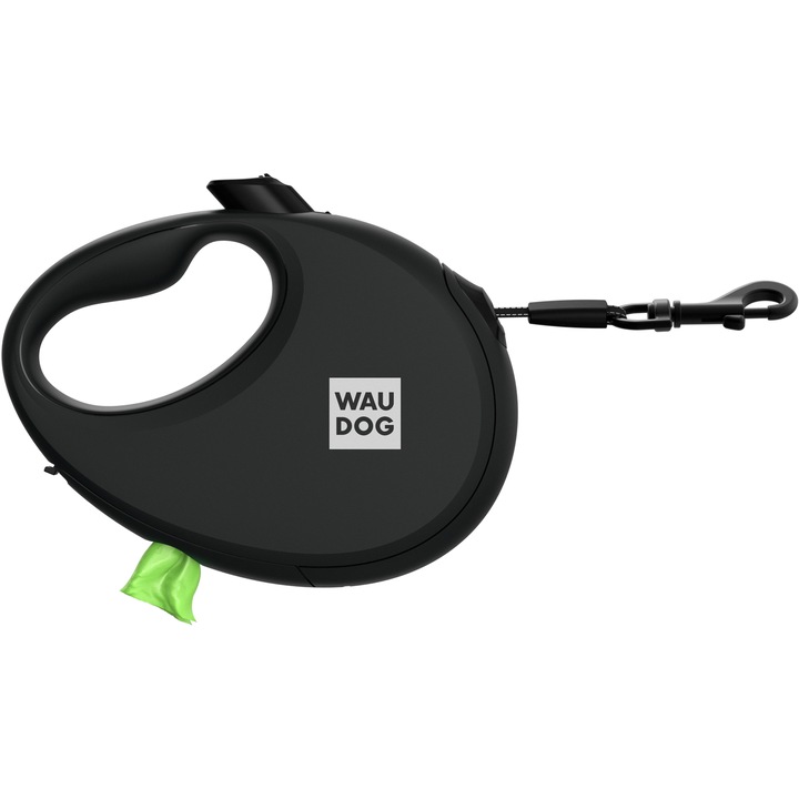 Lesa retractabila pentru caini, Waudog, Container pungi igienice, Banda reflectorizanta, Negru, M, 20 kg, 5 m