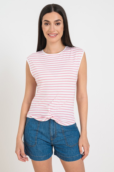 United Colors of Benetton, Изрязан топ на райе с овално деколте, Бял/Пастелнорозов