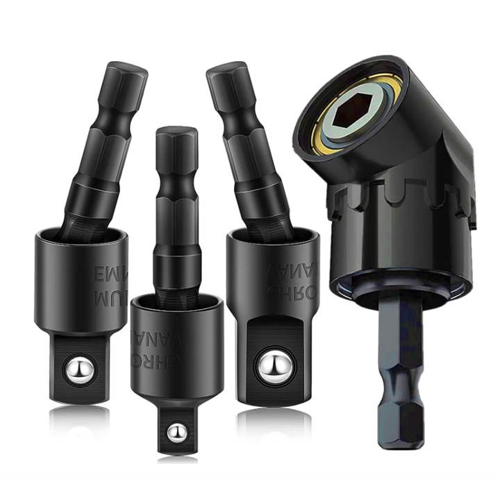 Комплект принадлежности с пробиване и завинтване, универсален адаптер 1/4" 3/8" 1/2", удължител под прав ъгъл 105 градуса, хром-ванадиева стомана