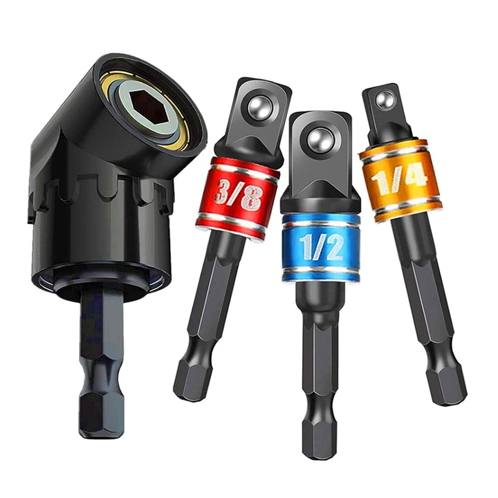 Set accesorii pentru gaurit si insurubat, adaptor universal 1/4 3/8 1/2", extensie unghi drept 105 grade, negru, 4 piese