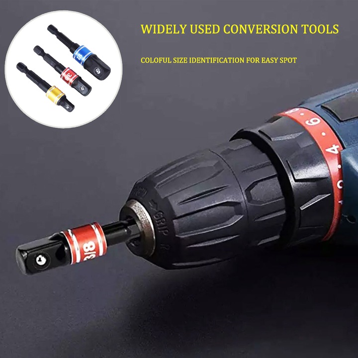 Set accesorii pentru gaurit si insurubat, adaptor universal 1/4 3/8 1/2", extensie unghi drept 105 grade, negru, 4 piese