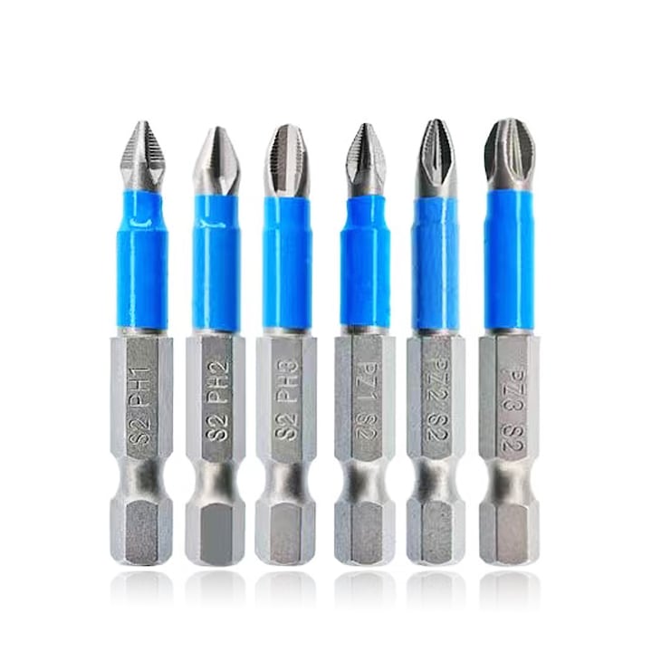 6 db mágneses csavarhúzó bites készlet, csúszásmentes, S2 acél, hatszögletű 1/4", többszínű, PH1/2/3+PZ1/2/3
