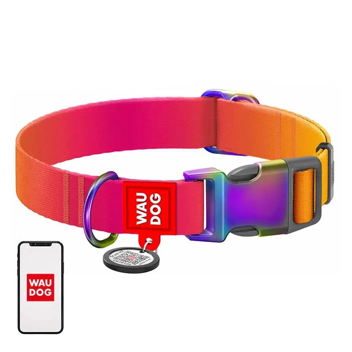 Zgarda WAUDOG Nylon Collar, cu pasaport QR, pentru caini, Ajustabila 25-35cm, Latime 15mm, Cod QR, Portocaliu