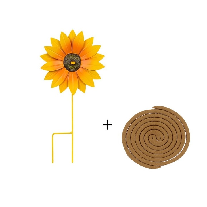 Метален държач за спирали против комари с включени спирали, VENITIVO®, модел слънчоглед, лесен за почистване, жълт, Дължина x Височина 17 x 34 см