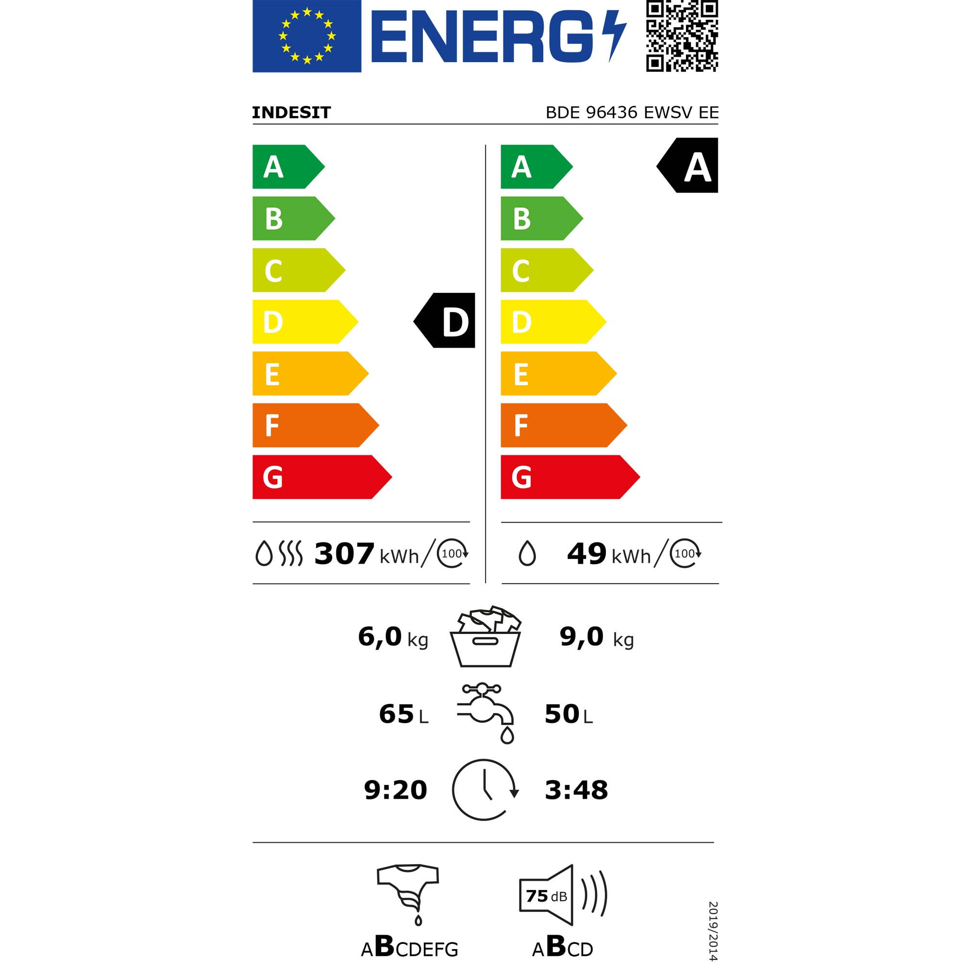 Indesit BDE 96436 EWSV EE masina de spalat cu uscator de sine statatoare, 9 kg, 1400 rpm, clasa energetica D, alb