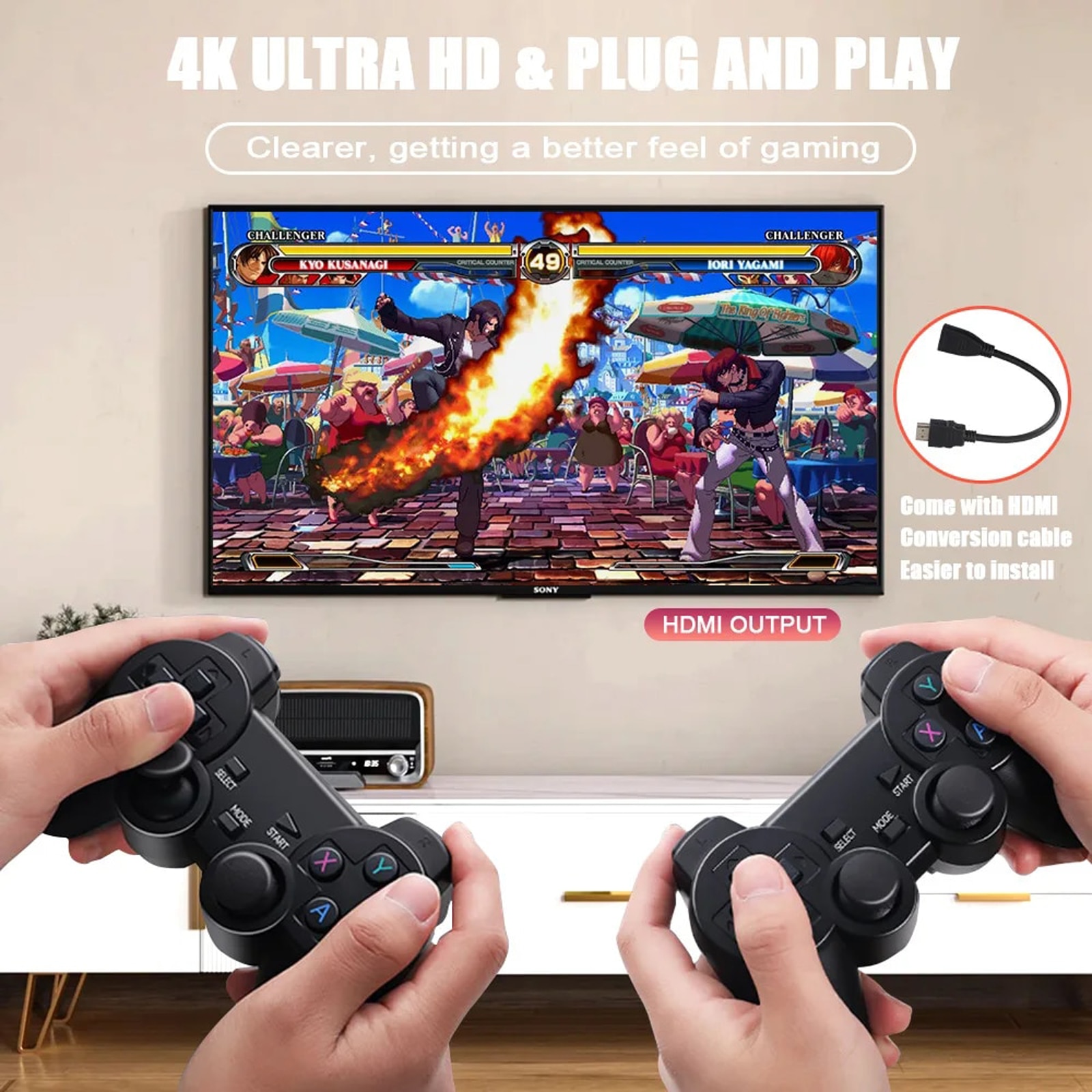 Set Consola jocuri tip stick, NUODWELL, Cu 20000 de jocuri incorporate, Cu 2 controler wireless, HDMI, USB wireless 2.4 GHz, 64GB, Plug si Play, Pentru TV, Proiector, Monitor, Negru