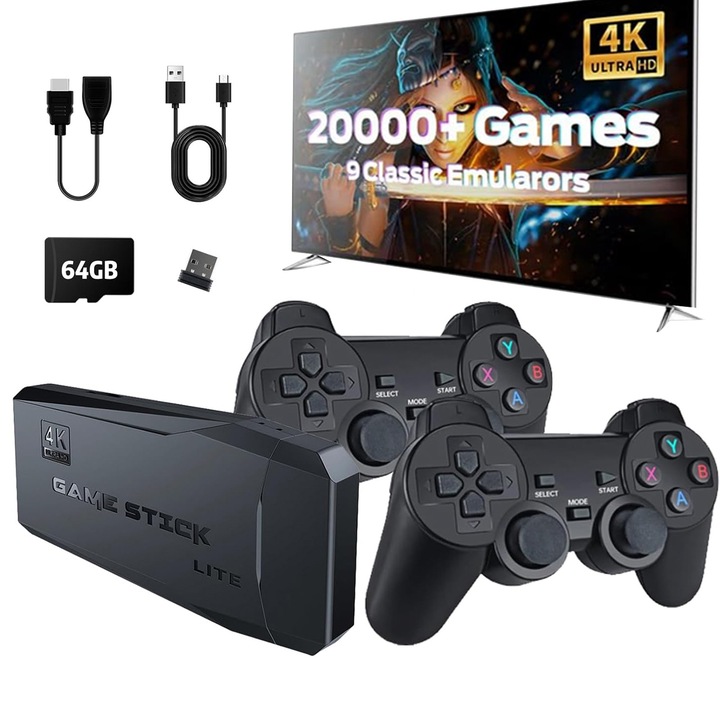 Set Consola jocuri tip stick, NUODWELL, Cu 20000 de jocuri incorporate, Cu 2 controler wireless, HDMI, USB wireless 2.4 GHz, 64GB, Plug si Play, Pentru TV, Proiector, Monitor, Negru