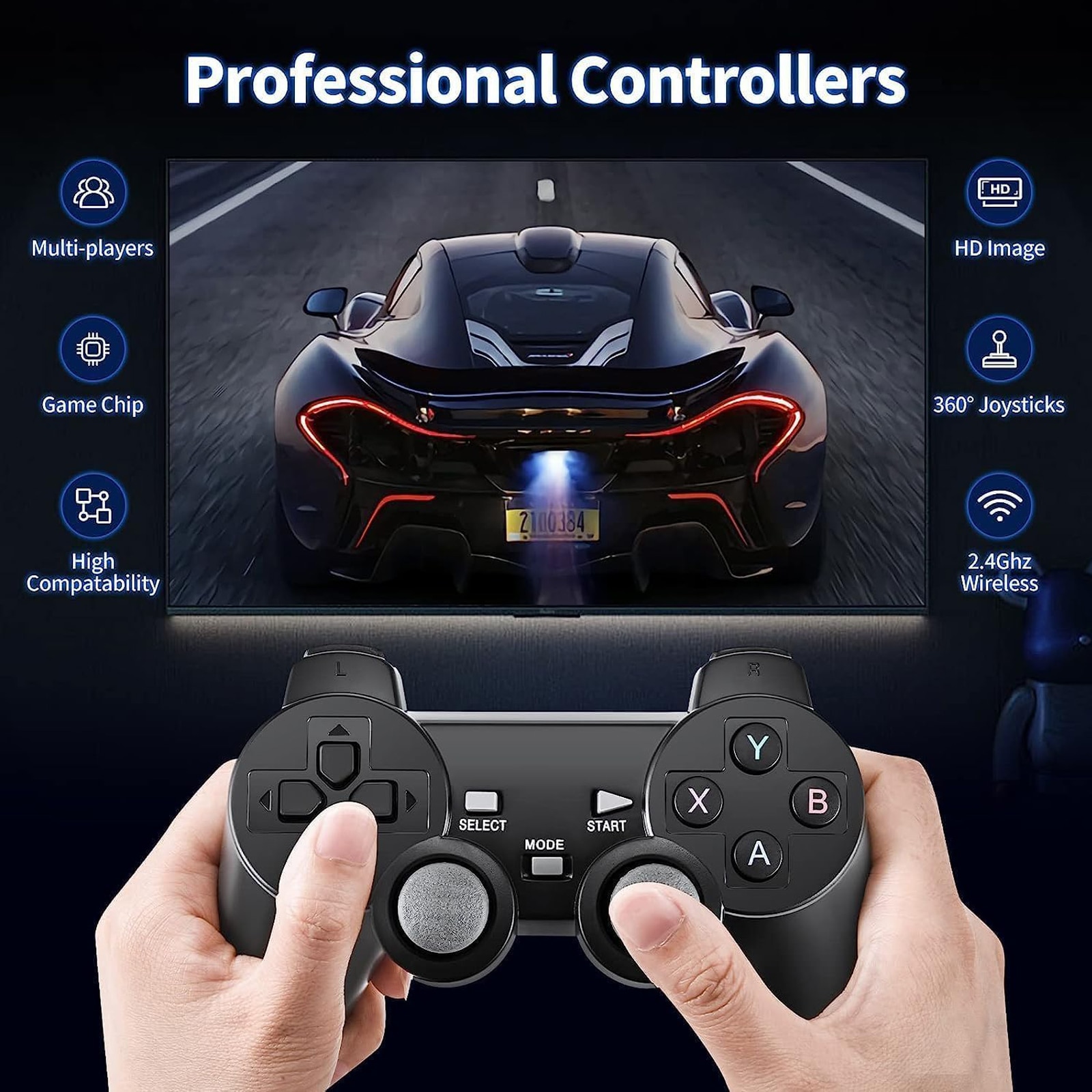 Set Consola jocuri tip stick, NUODWELL, Cu 20000 de jocuri incorporate, Cu 2 controler wireless, HDMI, USB wireless 2.4 GHz, 64GB, Plug si Play, Pentru TV, Proiector, Monitor, Negru