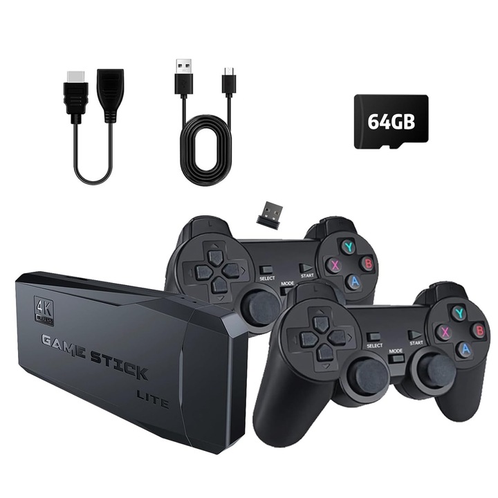 Комплект конзоли за игри Stick, NUODWELL, С 20000 вградени игри, С 2 безжични контролера, HDMI, USB безжичен 2.4 GHz, 64GB, Plug and Play, За TV, Проектор, Монитор, Черен цвят