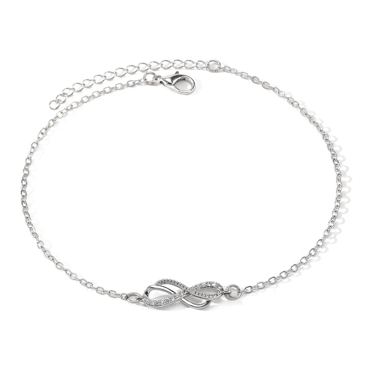 Bratara pentru picior glezna, model de Infinity, cu cristale zirconiu, 23+5cm ajustabil, argintiu, Cutie Bijuterie