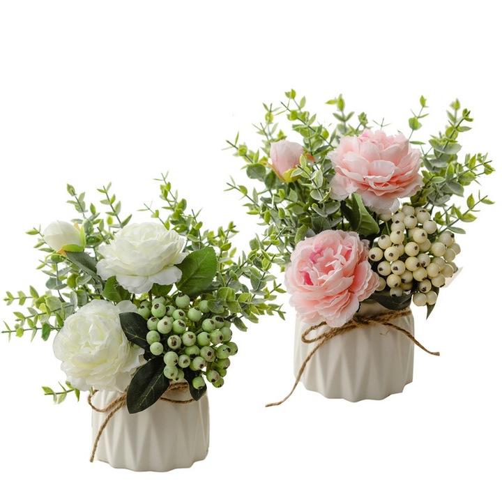 Flori artificiale, set de doua, Ceramica/Plastic, 20x20 cm, Alb/Roz