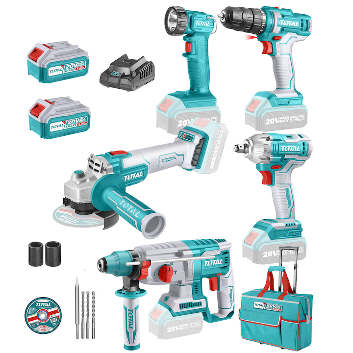 Комплект акумулаторни инструменти Total Industrial, 20 V, 2 x 4Ah