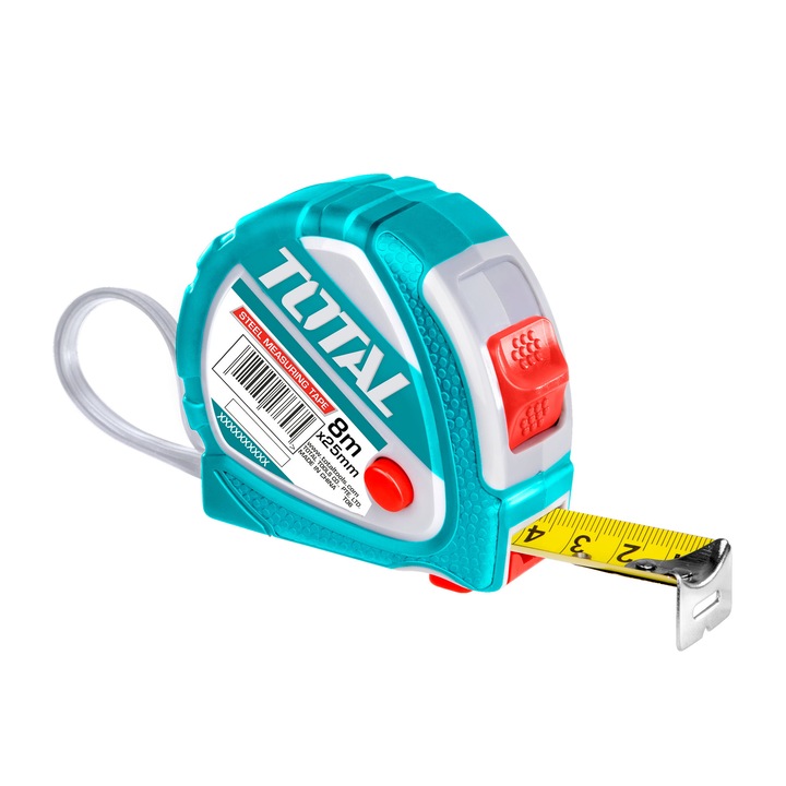 Ruleta din otel Total, 8mx25mm, cu acoperire din cauciuc, set 3 butoane de oprire