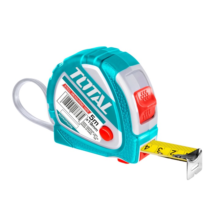 Ruleta din otel Total, 5mx19mm, cu husa de cauciuc, ambalata pe umeras plastic