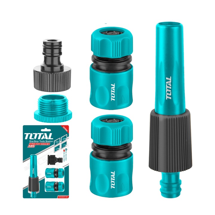 5 db-os öntözőtartozék készlet, Total, 3/4" adapter, 1/2" gyorscsatlakozó, állítható fúvóka, többszínű