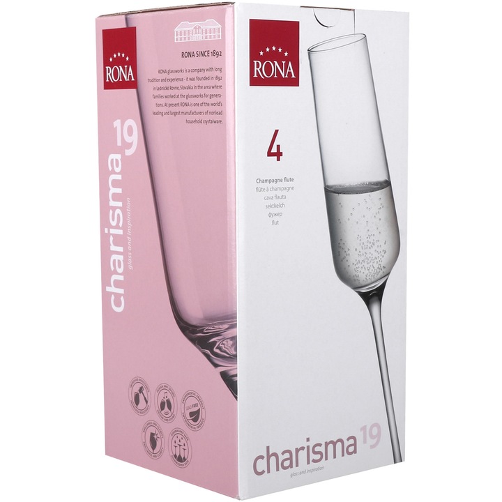 Комплект 4 чаши за шампанско RONA Charisma, Кристал, 190 мл
