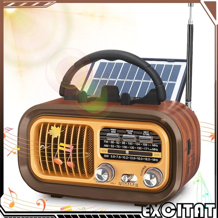 Radio portabil solar, Excitat®, 1200 mAh, Bluetooth, TWS, Suport AM/FM/SW, Baterii si priza, Cititor Mp3 micro SD/TF/USB, Retro, 6.7 x 3.7 x 4.2inch, Camping, Maro