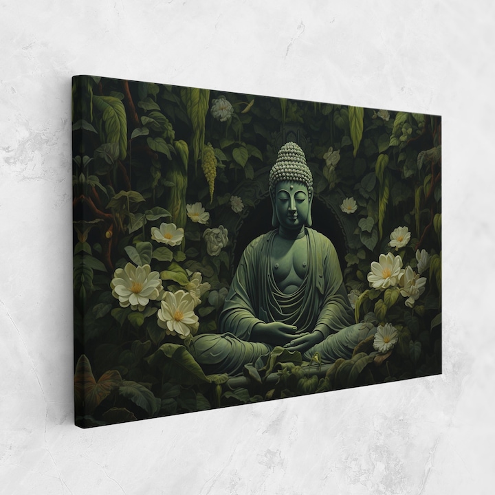 Tablou Canvas, 50x70 cm, Dormitor Si Living, Moderne, Buddha, Vecteezy_buddha Statue With Lotus Flower And Green Leaves Background_27742335_750