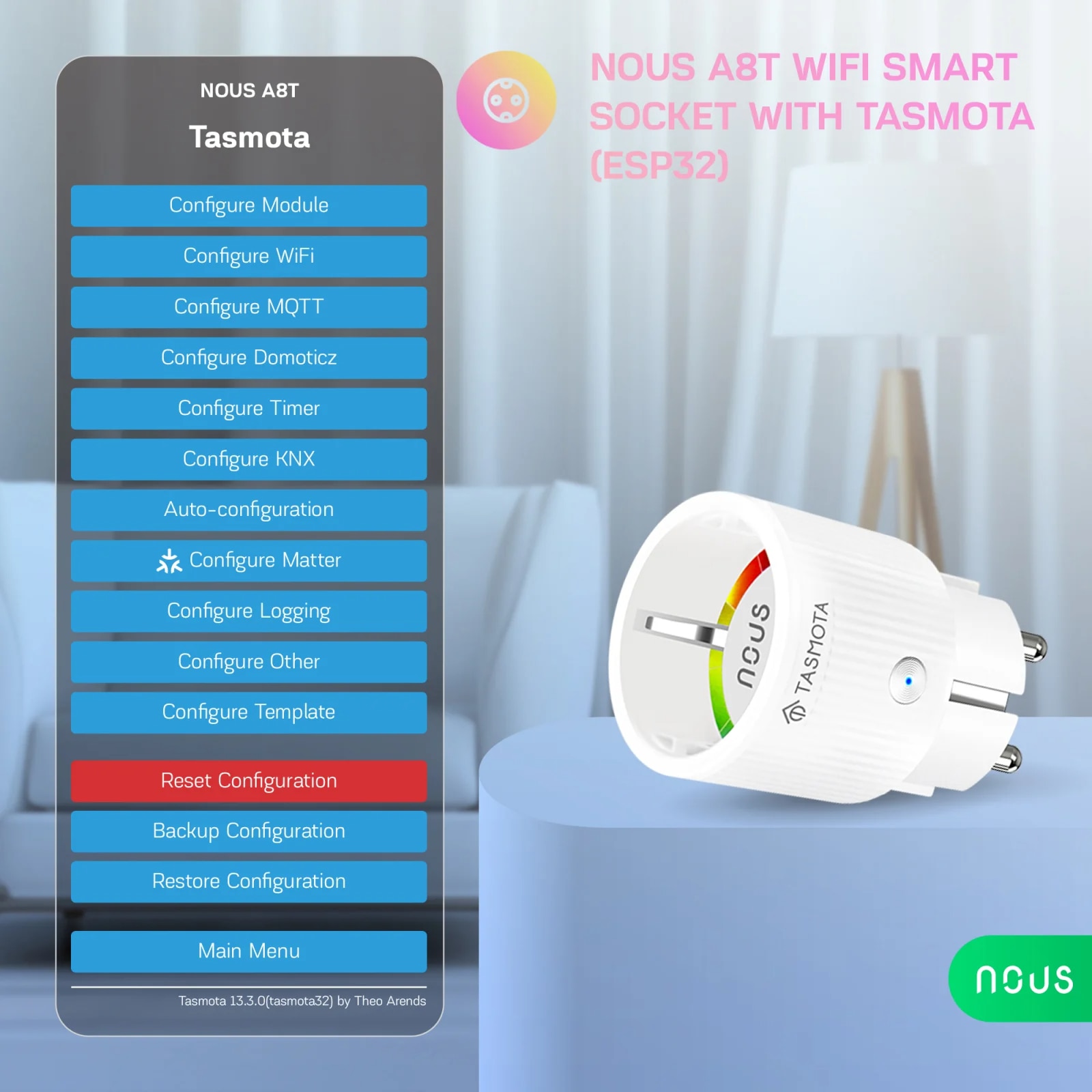 Комплект 2 смарт контакта Nous A8T, Wi-Fi, Tasmota, Поддържа MQTT ...
