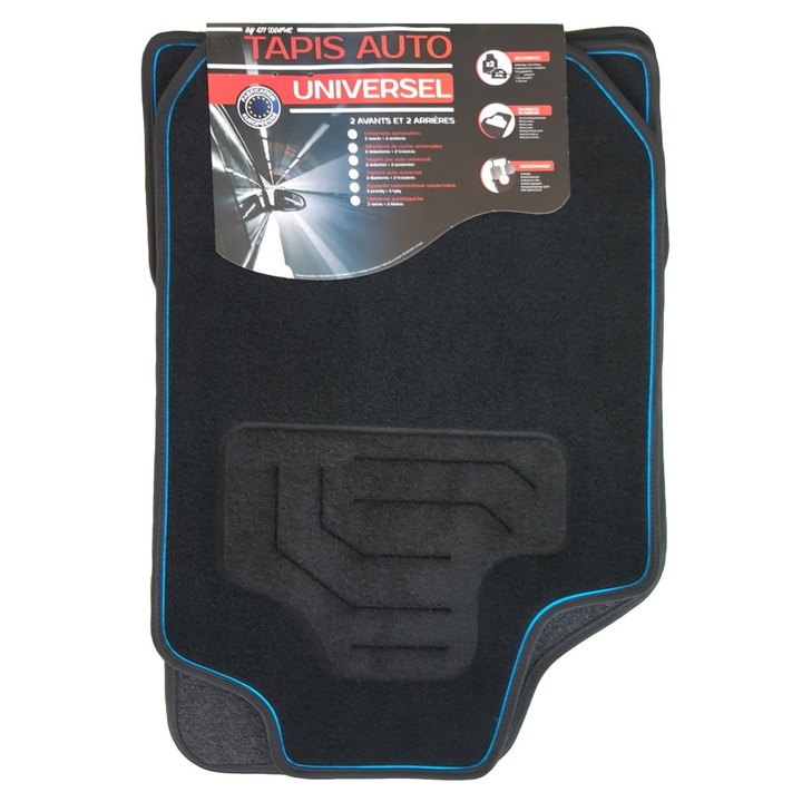 Covorase auto, universale, mocheta, 65 x 45 / 33 x 45 cm, negru, cu bordura albastra, set 4 bucati