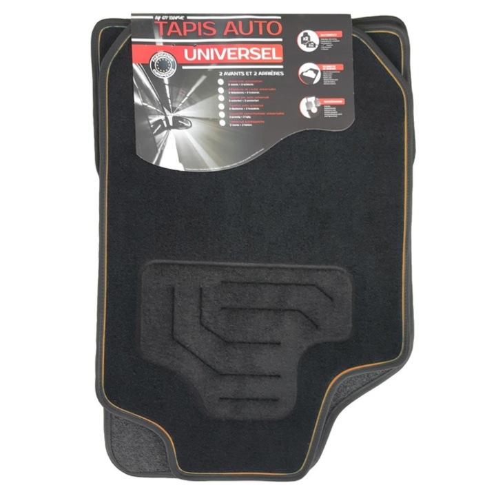 Covorase auto Custo Pol Twin, universale, mocheta, 65 x 45 / 33 x 45 cm, negru, cu bordura portocalie, set 4 bucati