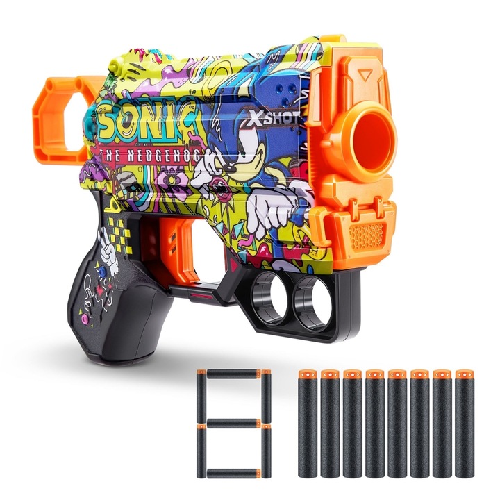 Jucarie Pistol X−Shot Skins Menace, Sonic, Mega, 8 cartuse, S1, Zuru