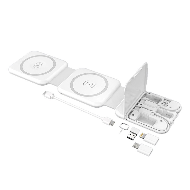 Incarcator wireless magnetic MagSafe, JESWO®, 10-in-1, 15W incarcare rapida, Pliabil, Pentru iPhone/AirPods/iWatch, Alb