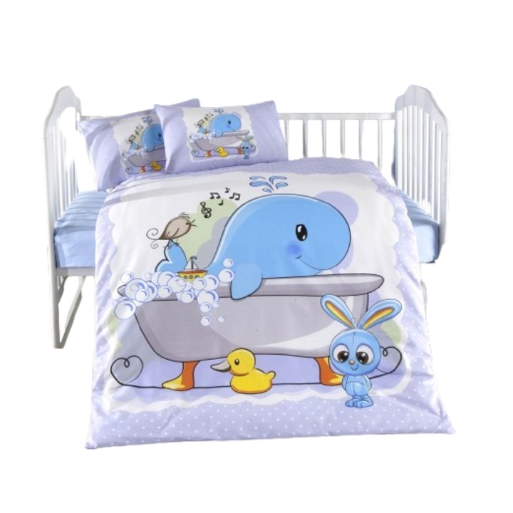 Ditex gyerek baba ágynemű garnitúra, lepedő, 100% erősített pamut, kék bálna, 4 db
