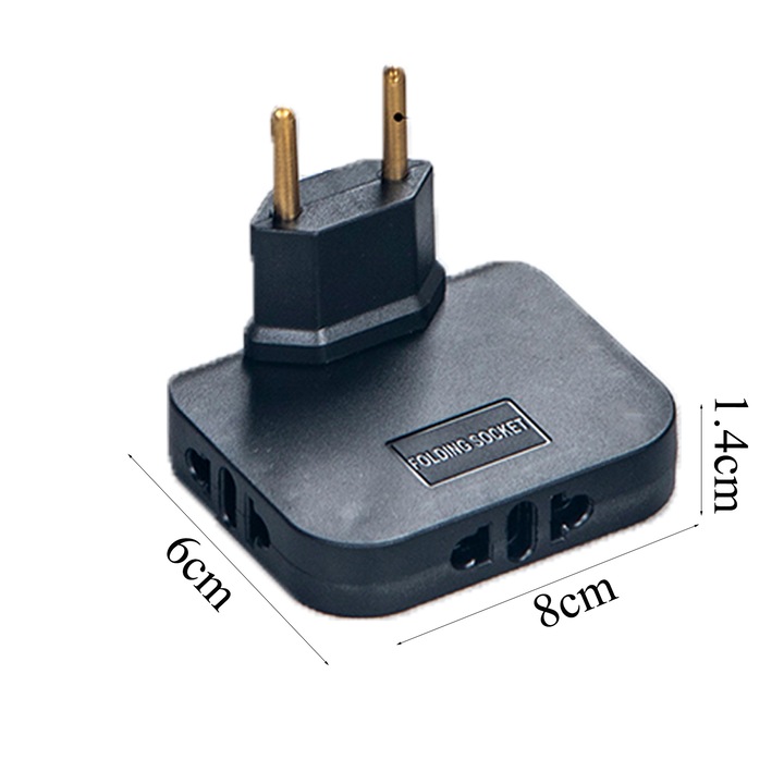 Set 3 adaptor, SINBINTA, Triplu stecher priza, Cu rotire180°, 2400W, 10A, 250V, Standardele UE, Cuprul pur conduce electricitatea, Pentru calatorie si spatii inguste, Policarbonat/ABS, 8 x 6 x 1.4cm, Negru