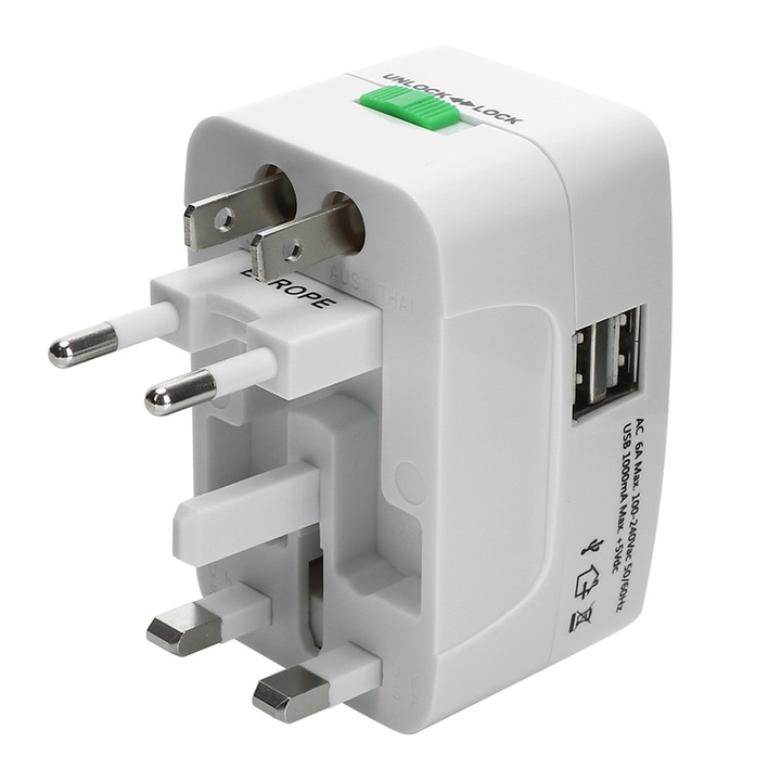 Универсален адаптер за пътуване, SINBINTA, 2xUSB, 6 A, 50/60HZ, 4 гнезда, Вграден протектор, предпазен затвор и светлинен индикатор за захранване, За САЩ/ЕС/Великобритания/Австралия, Поликарбонат/ABS, 84x43x54mm, Бял