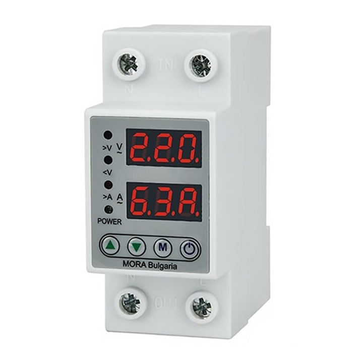 Releu digital monofazat de protectie tensiune, SINBINTA, 63A, Ecran dublu digital LED, Digital reglabil, Functie resetare automata, Protectie Supratensiune si suprasarcina, Aplicabil pentru casa, hotel, Plastic, 85 x 50 x 35mm, Alb