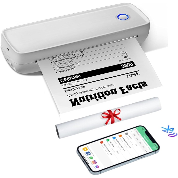Mini imprimanta termica Premium, portabila, fara fir, nu necesita tus, A4, Bluetooth, USB, aplicatie compatibila cu iOS / Android / Windows, acumulator 2600 mAh, aproximativ 110 de coli de hartie A4, 29 × 9 × 6.3 cm, alb