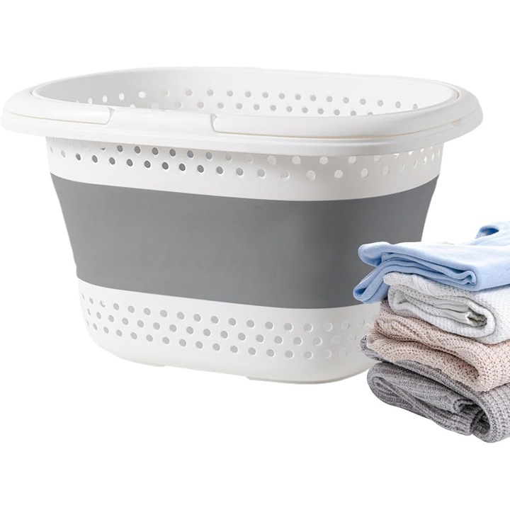 Cos de rufe pliabil cu manere, Latauar, multifunctional, pentru organizare si depozitare, gri, 42 x 32 x 28 cm