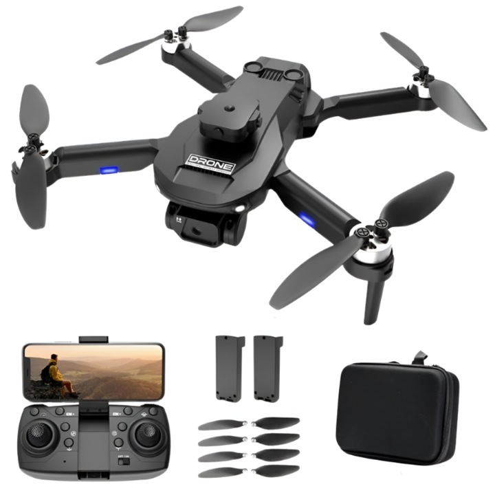 Дрон с дистанционно управление Velixo® F196, видеокамера, WiFi, интелигентно избягване на препятствия, сгъваем, приложение за мобилен телефон, ротация на 360°, USB зареждане, чанта за носене, 2 батерии в комплекта, черен
