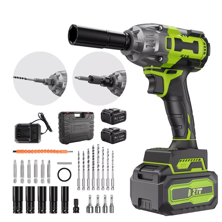 Машина за пробиване и завинтване MOSMAOO, 21V, 4.0Ah, 350Nm, 3200RPM, 1500 удара/мин, 2 батерии, Бързо зарядно, Калъф включен, Модерен дизайн, Зелен